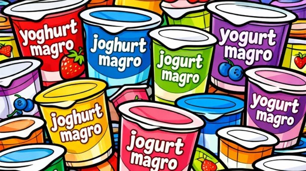 Illustration im Comicstil. Yoghurtbecher mit verschiedenen Aufschriften liegen und stehen wahllos durcheinander.