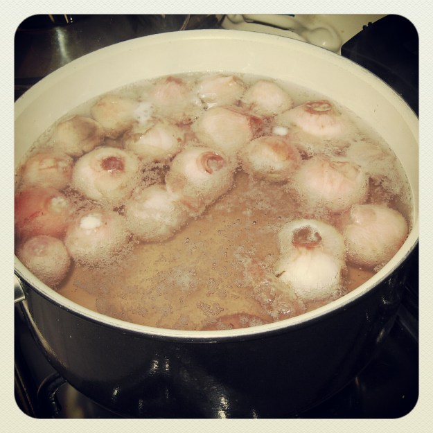 Ein Topf mit Wasser, in dem mehrere rosa weißliche Lampascioni-Zwiebeln kochen.