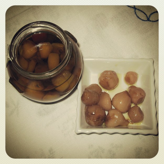 Ein Glas mitin Öl eingelegten Lampascioni neben einem Teller mit anderen Lampascioni.