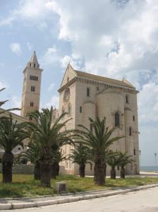Hinter einem Palmenhain erhebt sich die  Kathedrale von Trani mit  ihrem freistehenden GLockenturm direkt am Meer.
