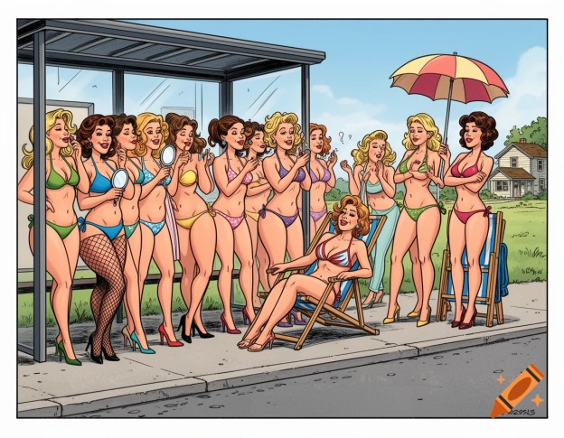 Comicstil-Illustration: Eine Gruppe erwachsener Frauen wartet an einer ländlichen Bushaltestelle. Alle tragen knappe Bikinis und hochhackige Schuhe. Einige Frauen schminken sich mit Spiegel und Lippenstift. Eine Frau trägt zusätzlich eine schwarze Netzstrumpfhose. Eine Frau hält einen zusammengeklappten Sonnenstuhl, eine andere einen zusammengeklappten Strandstuhl. Eine Frau sitzt entspannt auf ihrem aufgeklappten Klappstuhl. Sommerliche Stimmung, klare Linien, kräftige Farben, humorvoller Comicstil, leicht überzeichnete Proportionen, freundliche Gesichtsausdrücke. Es könnten Prostituierte sein.