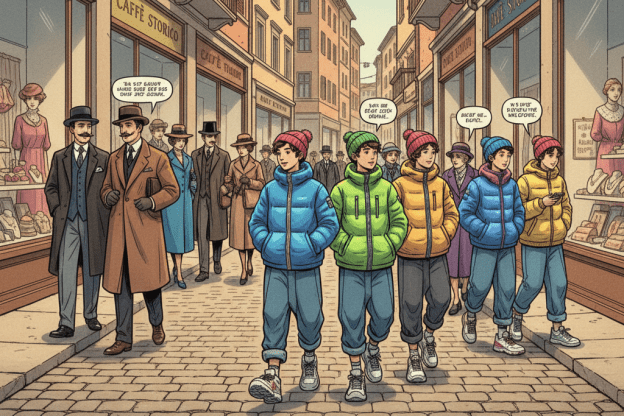 Auf einer süditalienischen Einkaufsstraße im Comic Stil mit hohen Häuserfassaden aus dem Anfang des 20. Jahrhunderts spazieren elegant gekleidete Italiener und trendige Jugendliche mit hochgekrempelten Hosen, die einen tief liegenden Schritt haben, aber dicken warme Winterjacken an den Schaufenstern vorbei.