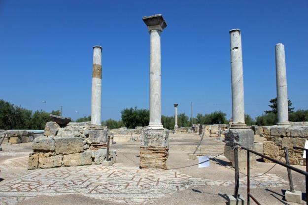 In der Ruine der Basilika San Leucio in Canosa sieht man noch fünf Säulen und teilweise den Mosaikfußboden.
