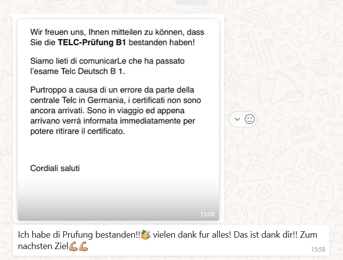 Nachricht über die bestandene TELC Prüfung B1 und Danksagung ihrer Deutschschülerin an die Lehrerin für DAF, Corinna.