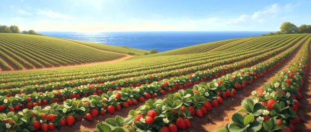 Eine mit KI erstellte fotorealistische Darstellungen von unendlichen Erdbeerfeldern auf sanften Hügeln am Meer für einen Beitrag über die Erdbeer-Stadt Policoro in Basilikata
