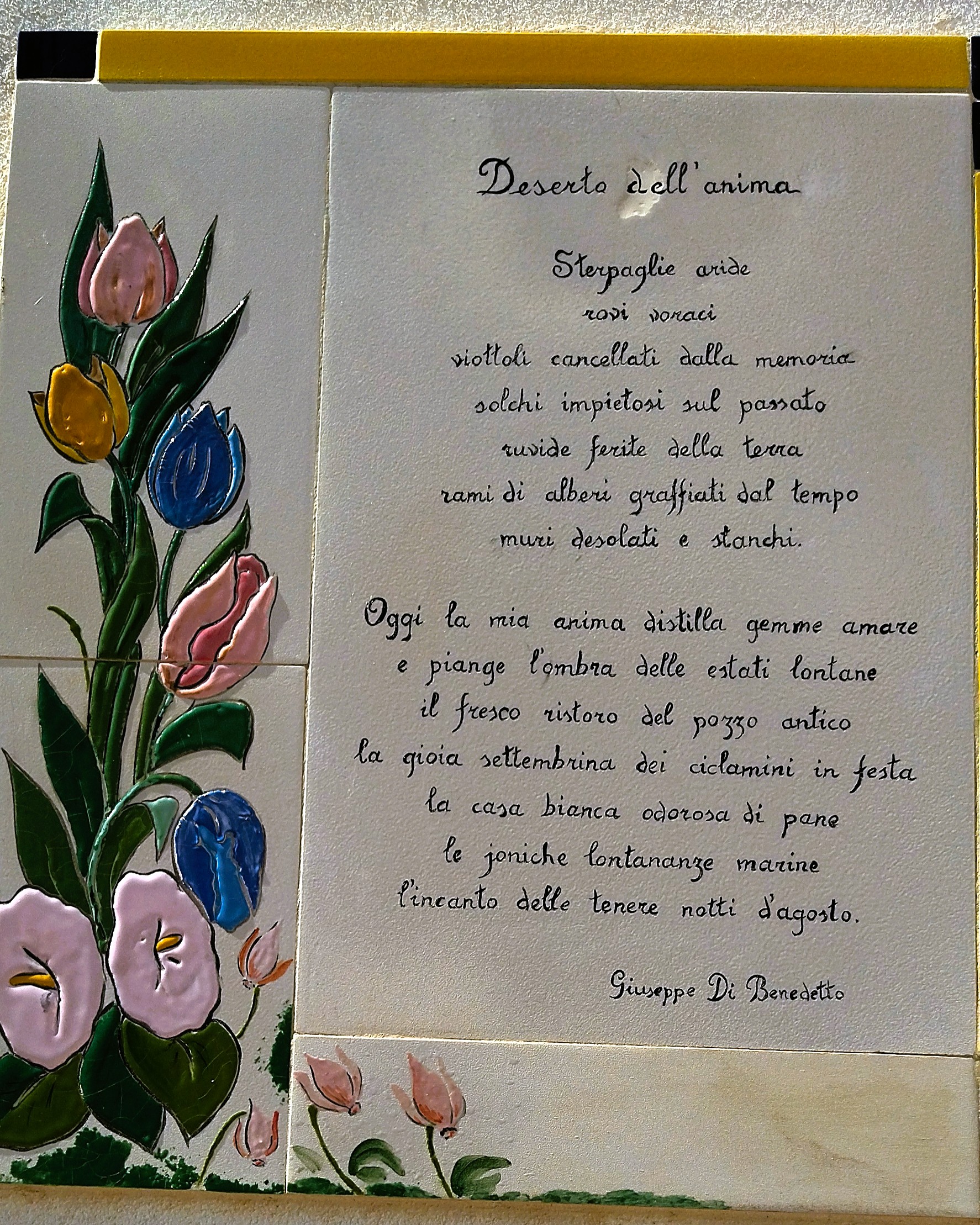 Gedicht auf Keramik, Anna Maria Pagliei, Pisticci, Basilikata