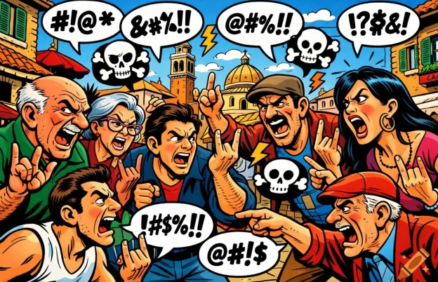 Farbenfrohe Comic-Illustration : Mehrere italienische Personen unterschiedlichen Alters stehen auf einer lebhaften Piazza in Italien und schimpfen lautstark miteinander. Sie haben übertriebene Gesichtsausdrücke, offene Münder und gestikulieren wild. Einige zeigen deutlich die italienische Hörnergeste (mano cornuta). In der Luft schweben comicartige Sprechblasen mit zensierten Schimpfwörtern.