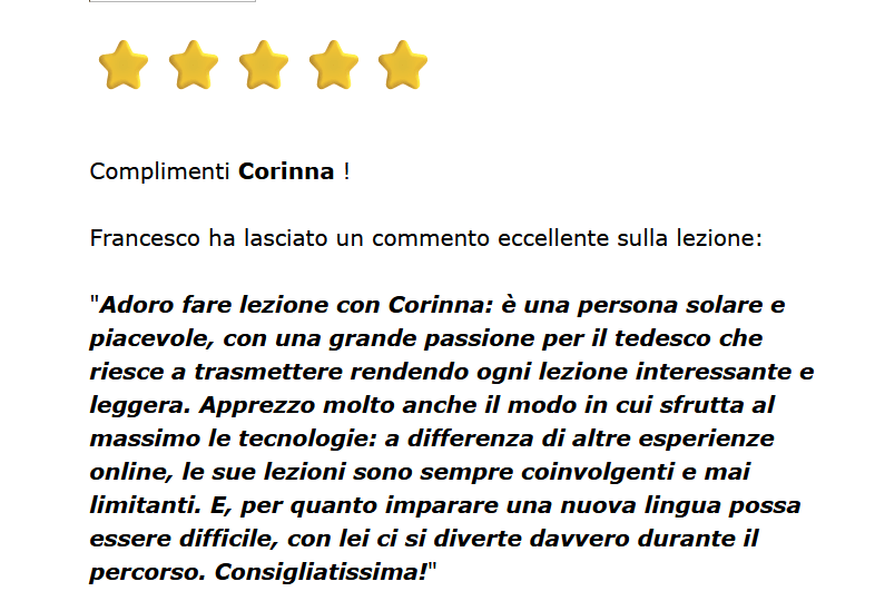 Das Foto zeigt einen äußerst positiven Kommentar zum Online-Deutsch- Unterricht mit der Deutschlehrerin Corinna Hein.