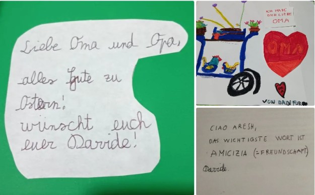 Von einem zweisprachig aufwachsenden Kind geschriebene Nachrichten an die Großeltern und einen Freund.