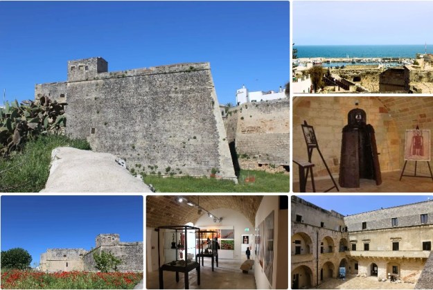 Eine Collage von Fotos zeigt das Schloss von Otranto von außen als wehrhafte Festung mit neu gestalteten Ausstellungsräumen im Inneren und einem Blick auf den Hafen von Otranto in Apulien.