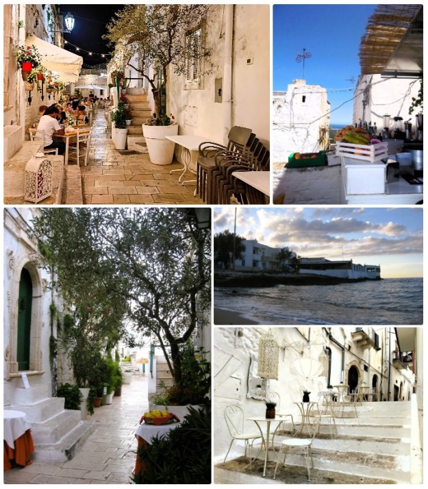 Die Fotocollage zeigt eine Auswahl von am Meer und in den Gassen von Ostuni, welche trotz ihrer Enge als Freiluftrestaurants genutzt werden.