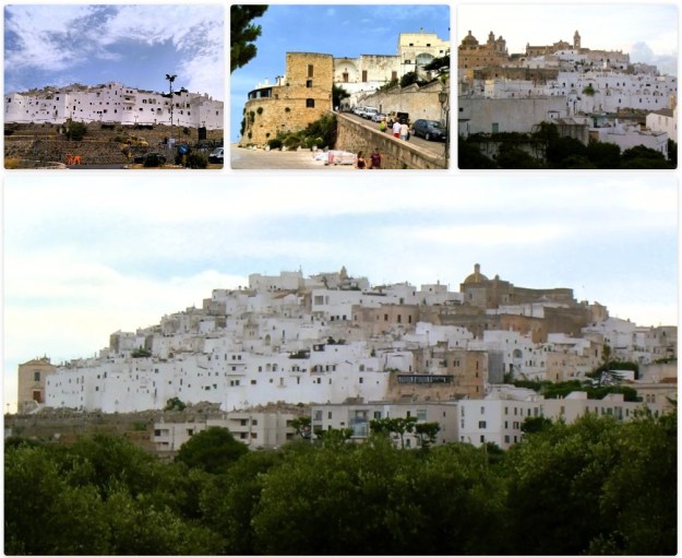 Die Fotocollage zeigt die weiße Stadt Ostuni in Apulien auf ihrem Hügel von verschiedenen Seiten.