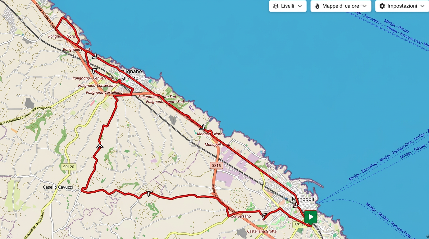 Die Karte zeigt einen Fahrradrundweg von Monopoli durch das Hinterland Apuliens bis Polignano.